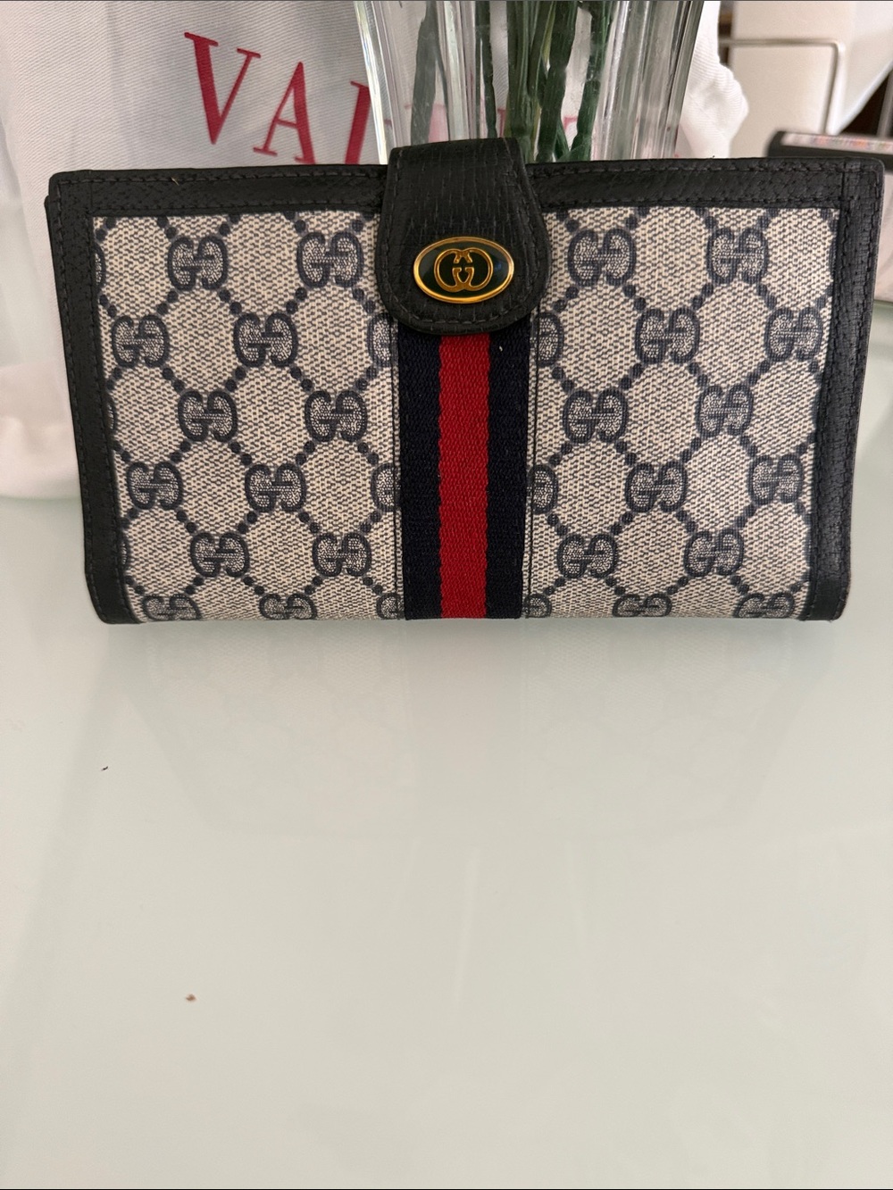 Gucci vintage Beige Monogram Wallet with Navy and Red Stripe